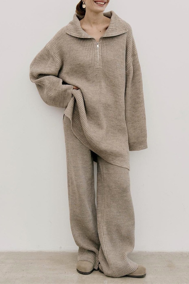 Zipper Weave Turndown Collar Long Sleeve Two Pieces