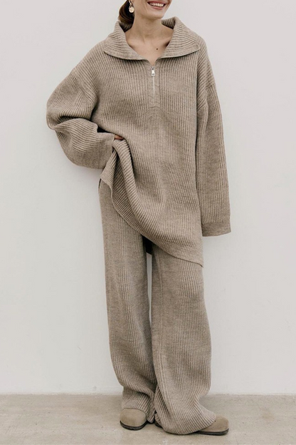 Zipper Weave Turndown Collar Long Sleeve Two Pieces