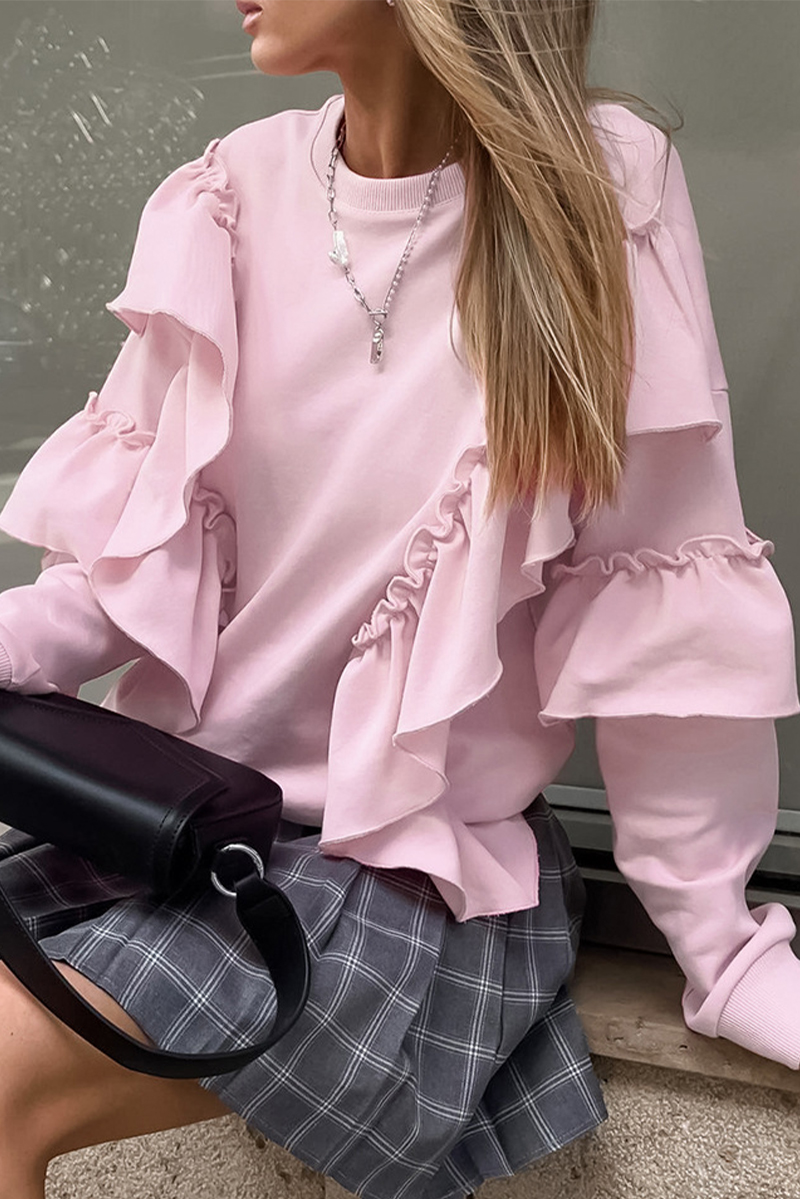 Color Ruffle O Neck Hoodies