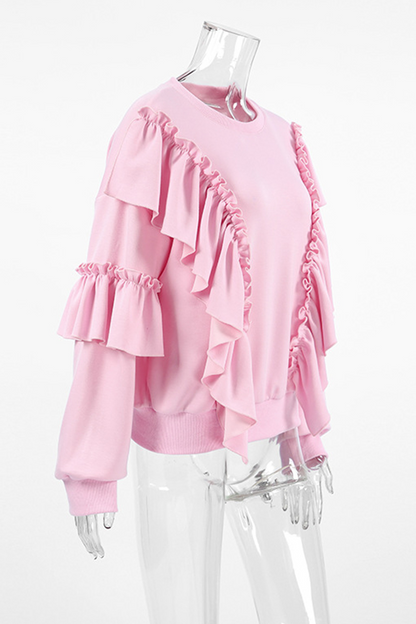 Color Ruffle O Neck Hoodies
