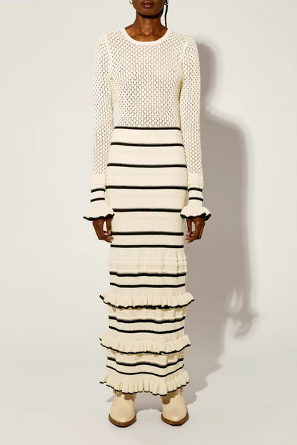 Stripe Ruffle Weave Contrast O Neck Wrapped Skirt Dresses