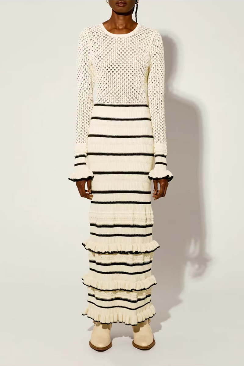 Stripe Ruffle Weave Contrast O Neck Wrapped Skirt Dresses