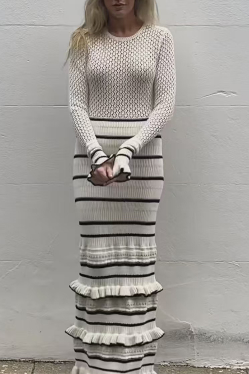 Stripe Ruffle Weave Contrast O Neck Wrapped Skirt Dresses