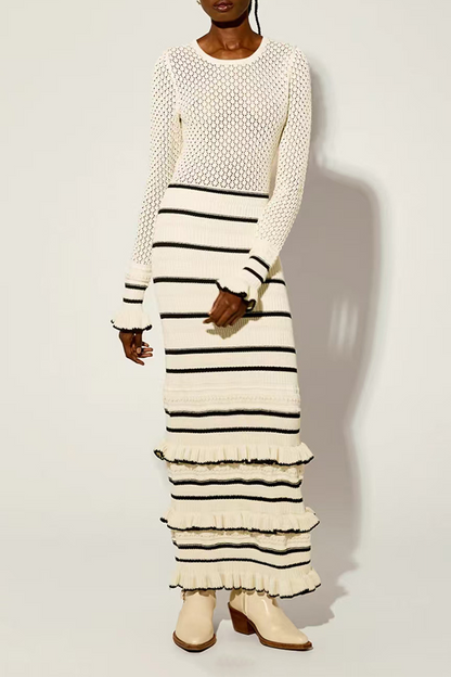 Stripe Ruffle Weave Contrast O Neck Wrapped Skirt Dresses