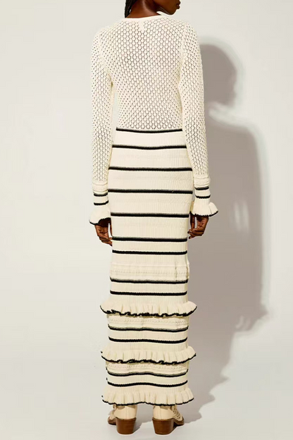 Stripe Ruffle Weave Contrast O Neck Wrapped Skirt Dresses