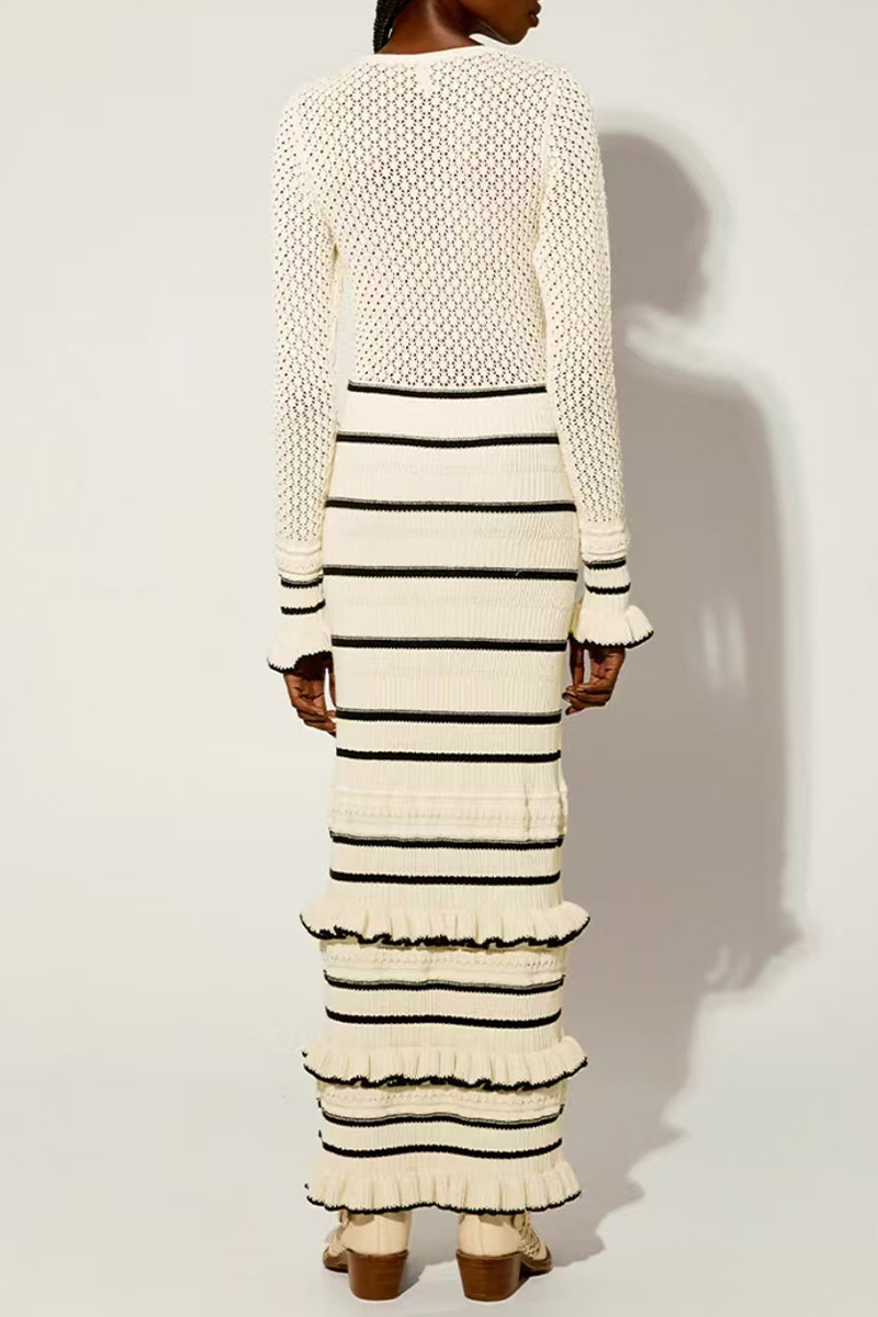 Stripe Ruffle Weave Contrast O Neck Wrapped Skirt Dresses