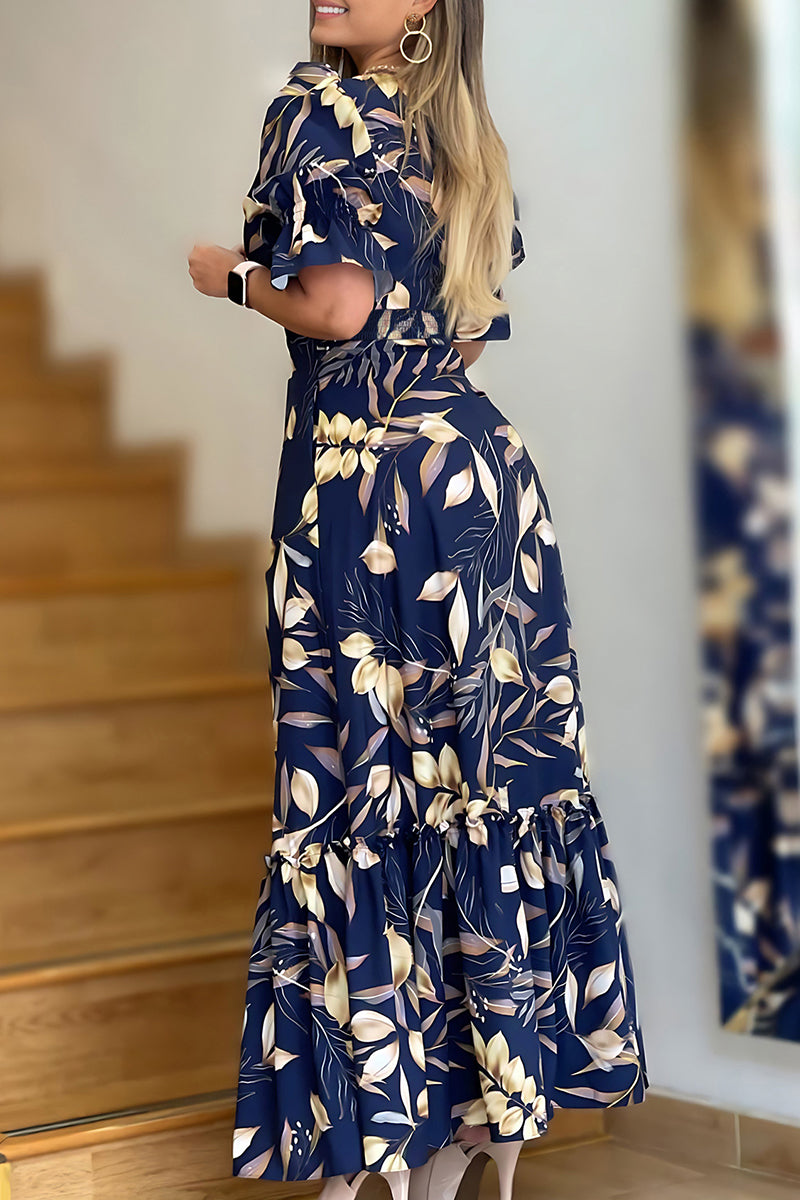 Print Patchwork Slit V Neck Long Dresses