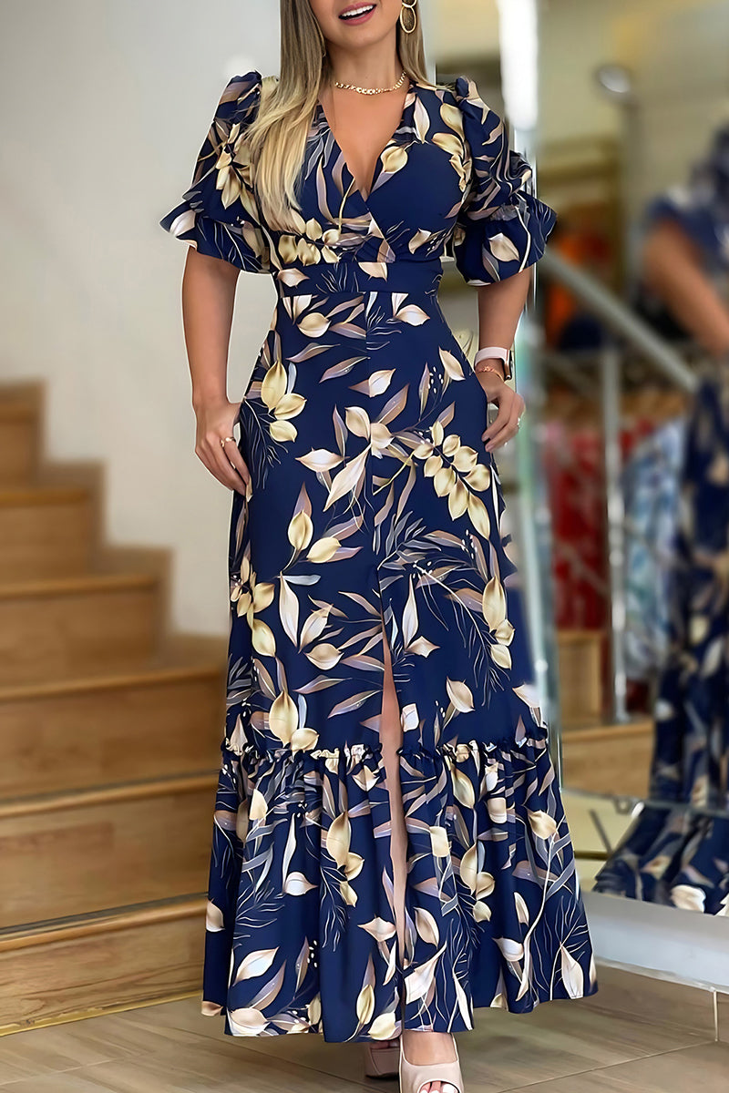 Print Patchwork Slit V Neck Long Dresses