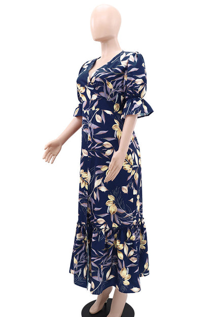 Print Patchwork Slit V Neck Long Dresses