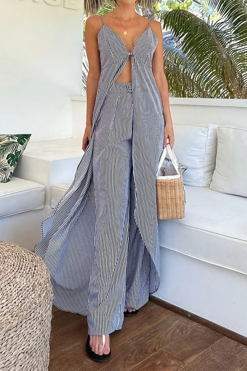 Vacation Stripe Patchwork Slit V Neck Sleeveless Two Pieces