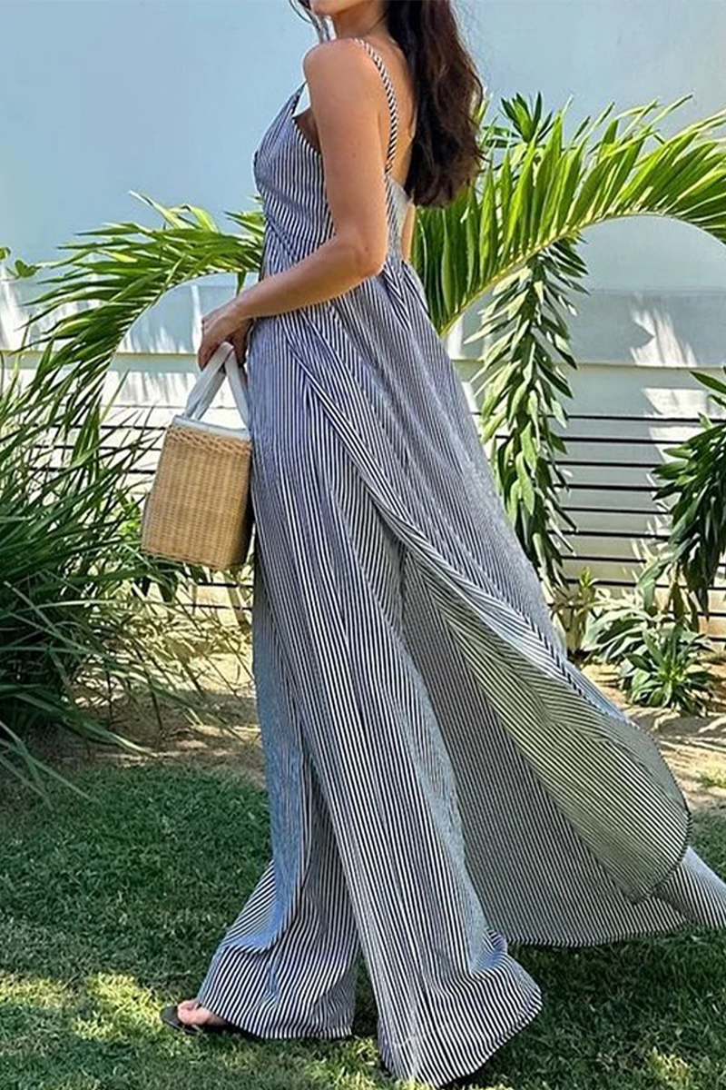 Vacation Stripe Patchwork Slit V Neck Sleeveless Two Pieces