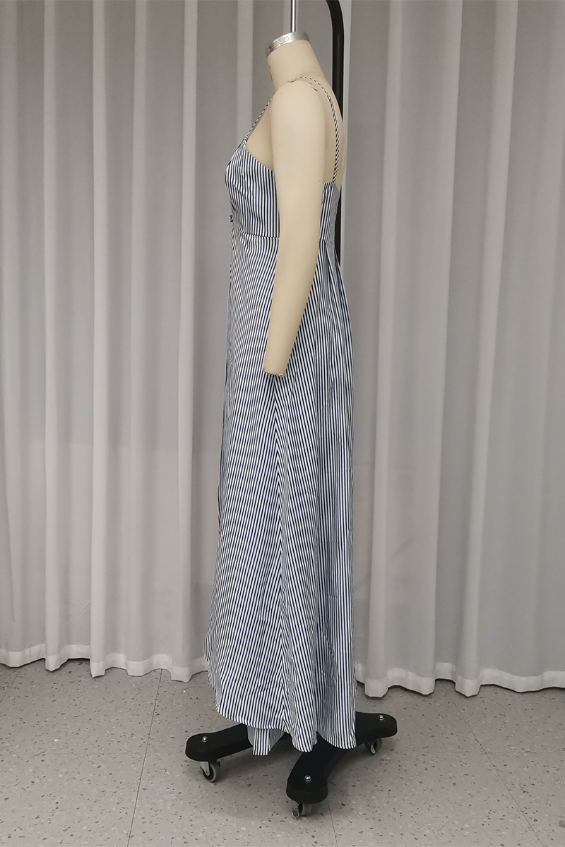 Vacation Stripe Patchwork Slit V Neck Sleeveless Two Pieces