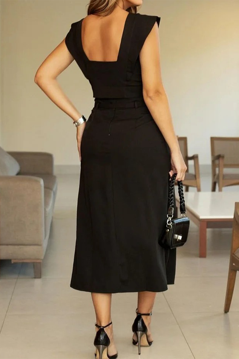 Pocket Ruffle With Belt O Neck Two Pieces