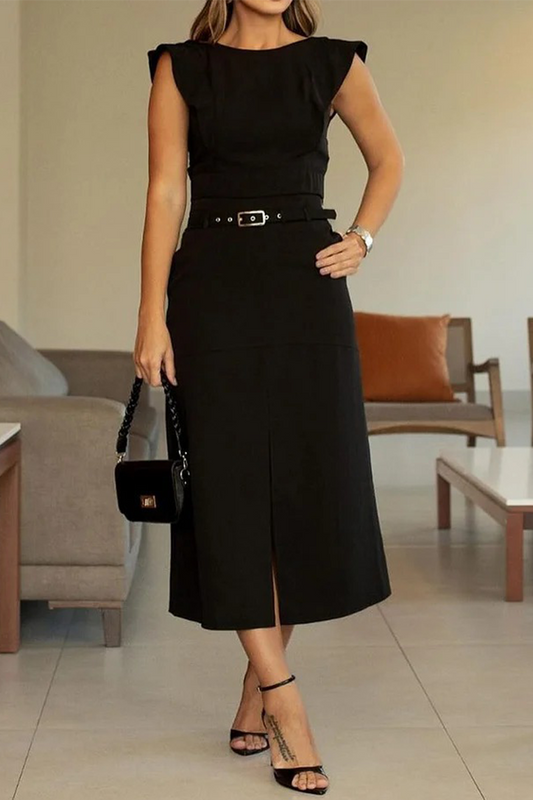 Pocket Ruffle With Belt O Neck Two Pieces