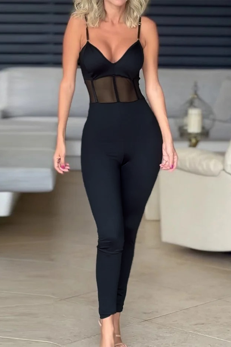 Color Mesh V Neck Skinny Jumpsuits