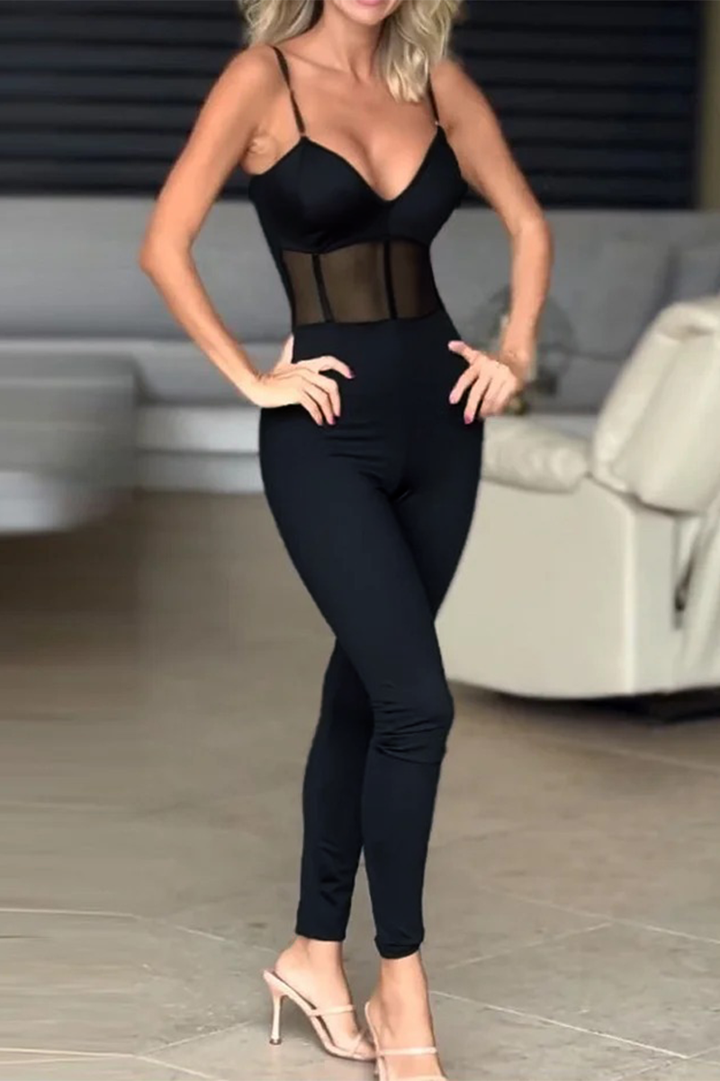 Color Mesh V Neck Skinny Jumpsuits