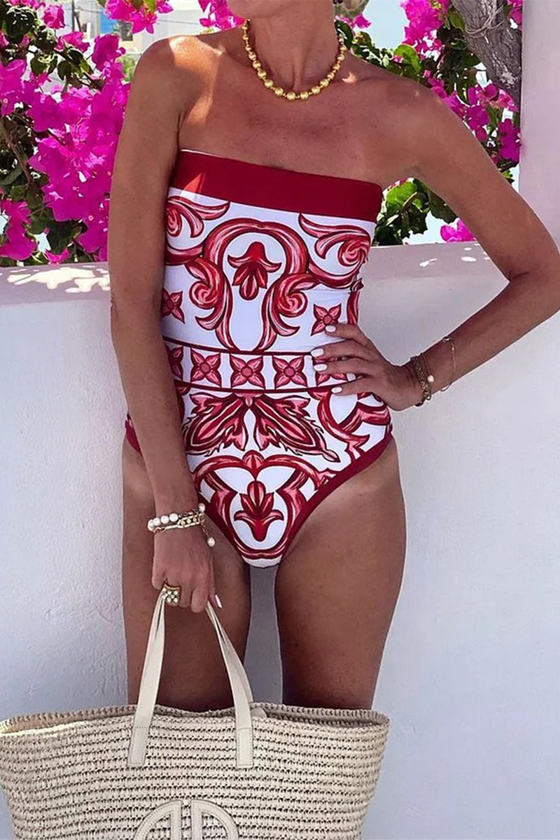Vacation Print Lace Up Strapless Sleeveless Two Pieces