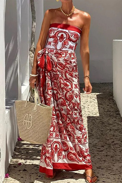 Vacation Print Lace Up Strapless Sleeveless Two Pieces