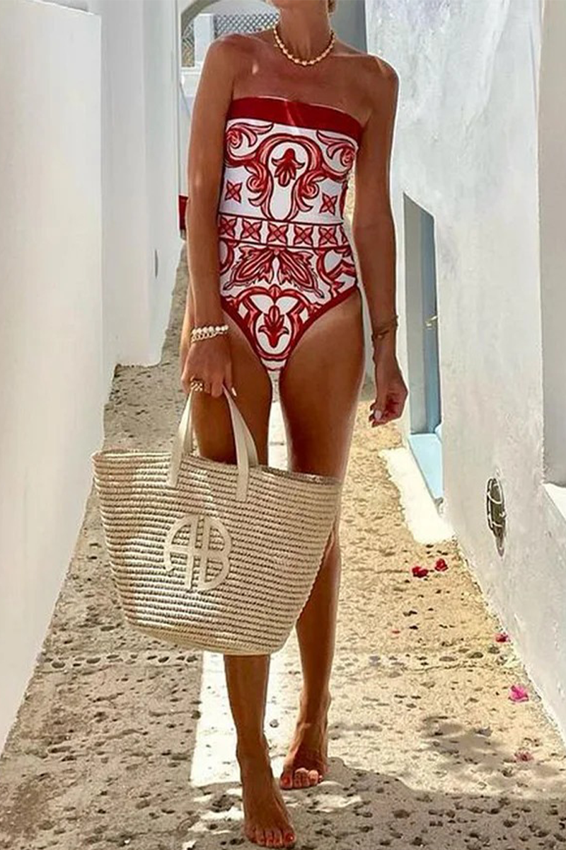 Vacation Print Lace Up Strapless Sleeveless Two Pieces