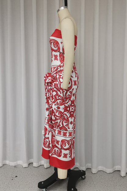 Vacation Print Lace Up Strapless Sleeveless Two Pieces