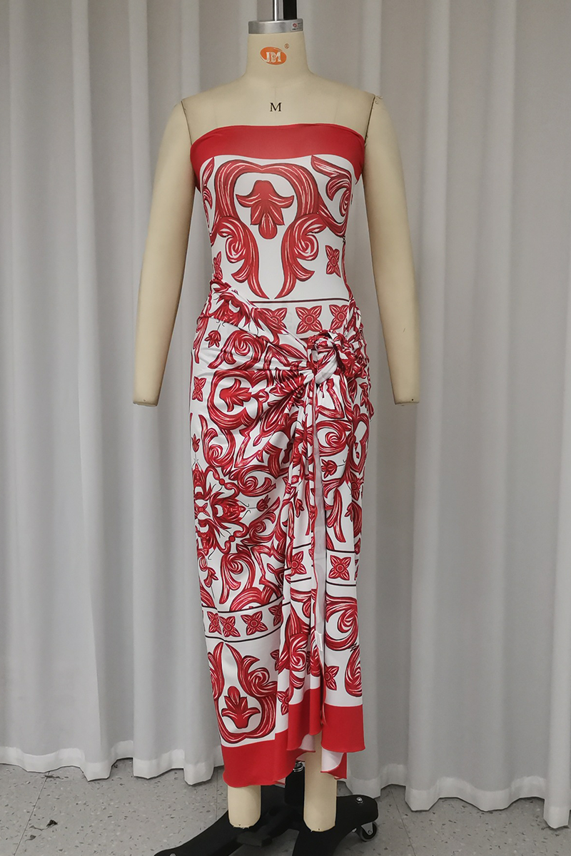 Vacation Print Lace Up Strapless Sleeveless Two Pieces