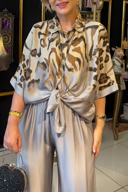 Print Buttons Turndown Collar Long Sleeve Two Pieces