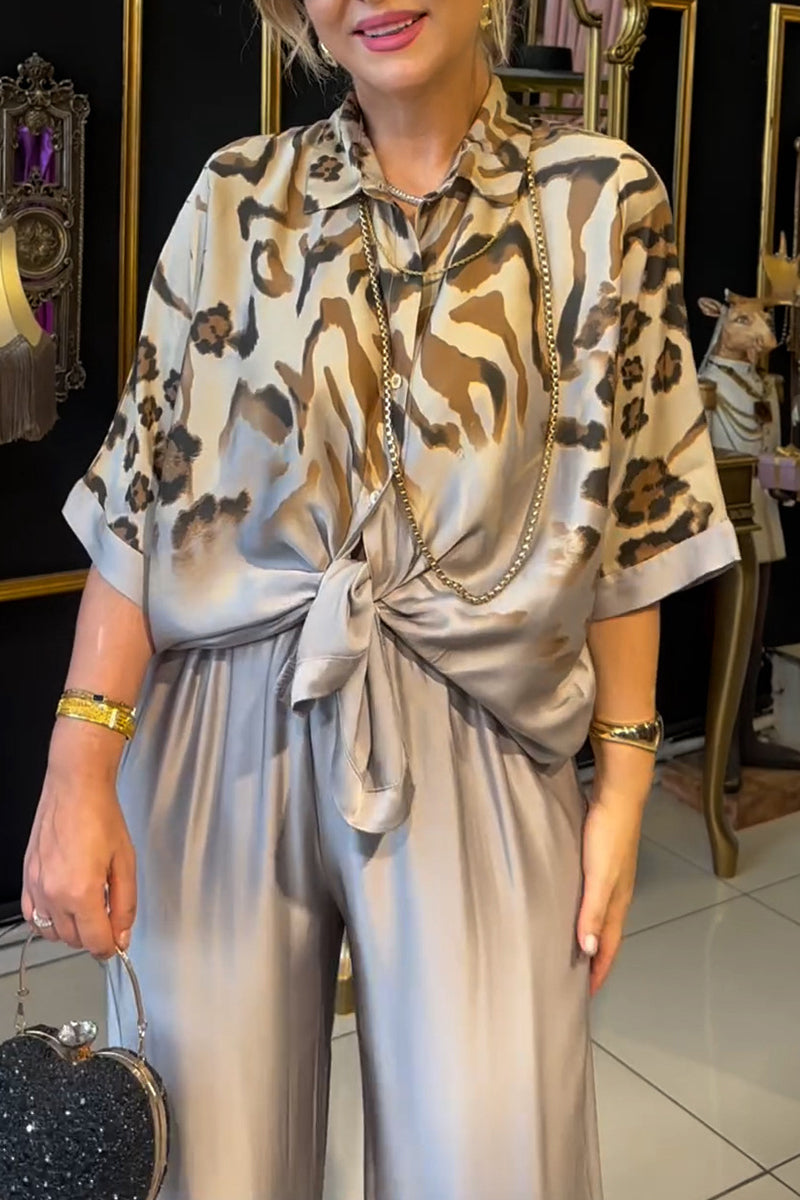 Print Buttons Turndown Collar Long Sleeve Two Pieces