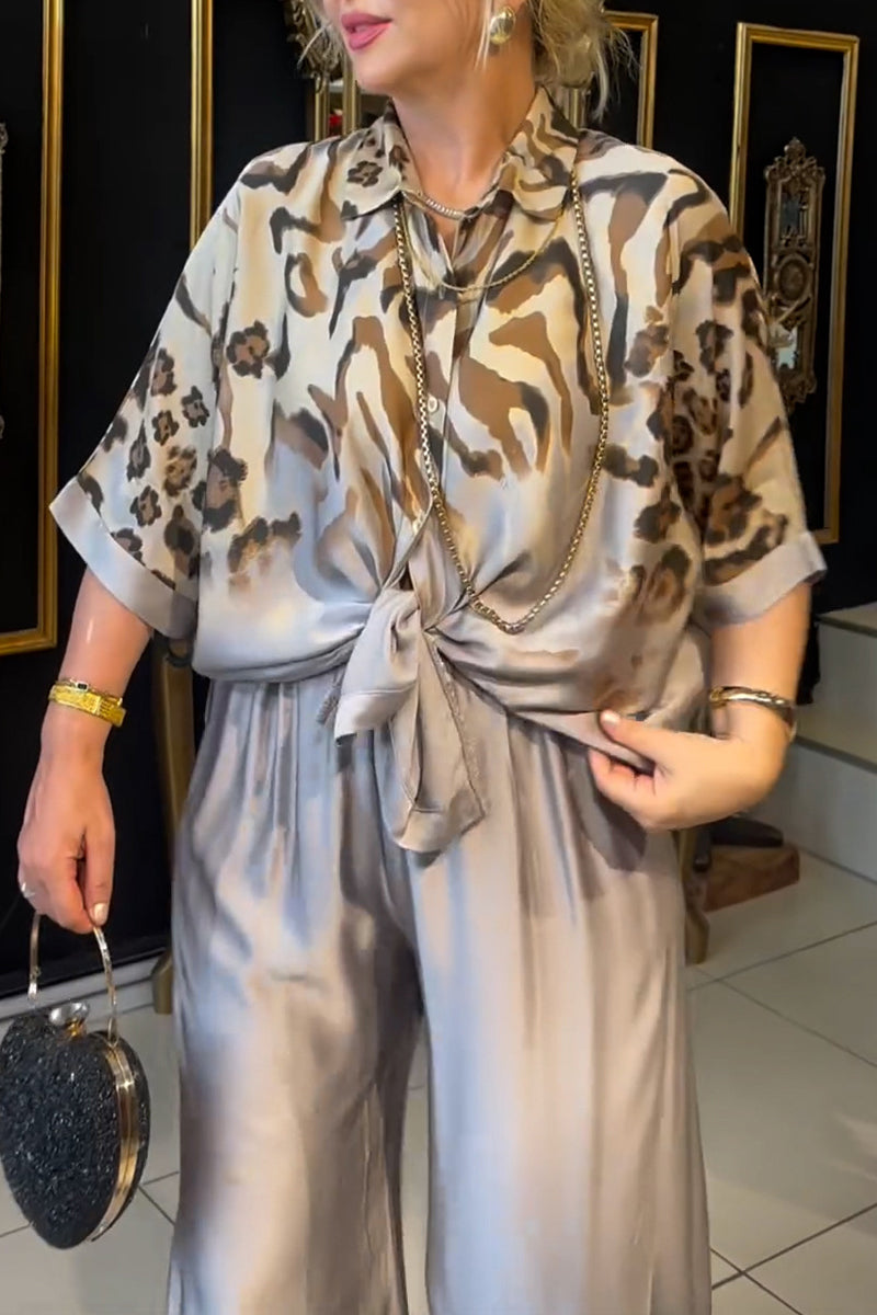 Print Buttons Turndown Collar Long Sleeve Two Pieces
