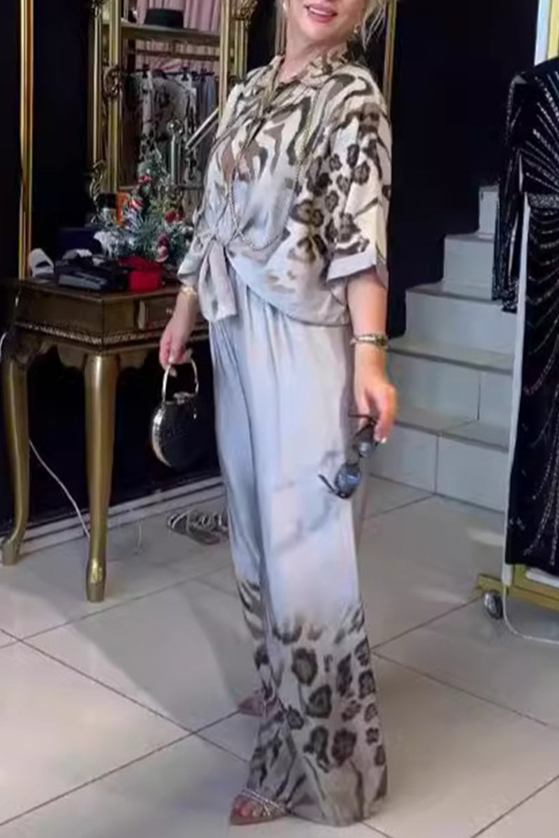 Print Buttons Turndown Collar Long Sleeve Two Pieces