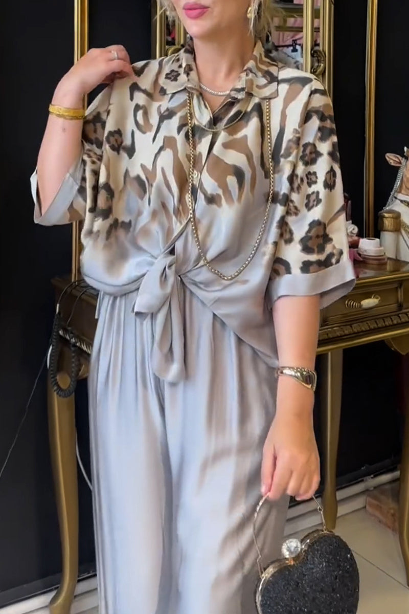 Print Buttons Turndown Collar Long Sleeve Two Pieces