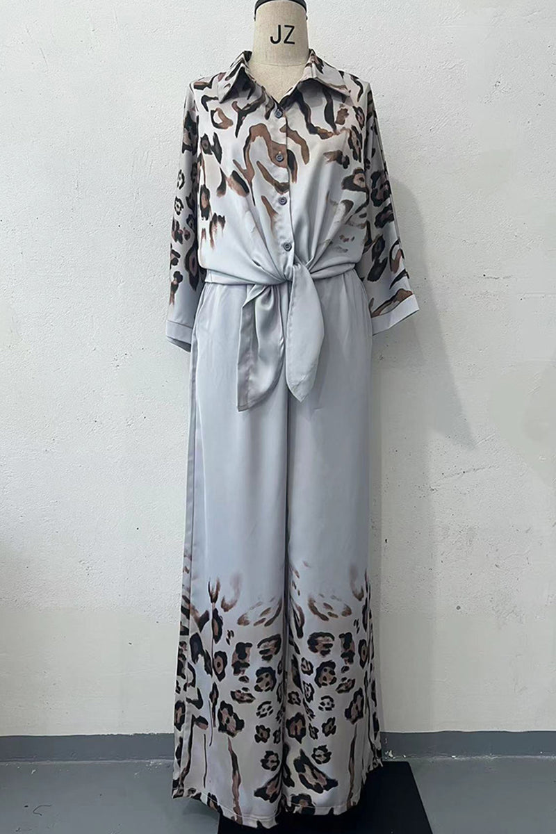 Print Buttons Turndown Collar Long Sleeve Two Pieces