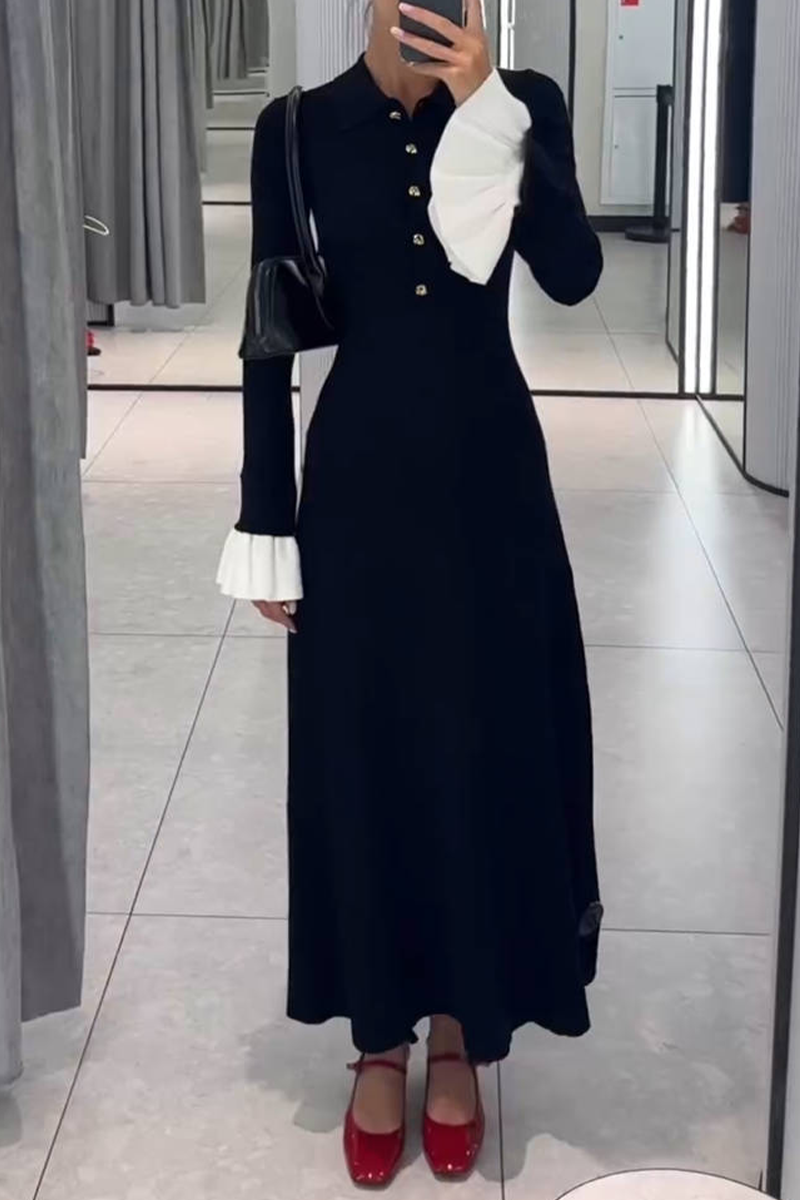 Ruffle Weave Contrast O Neck Waist Skirt Dresses