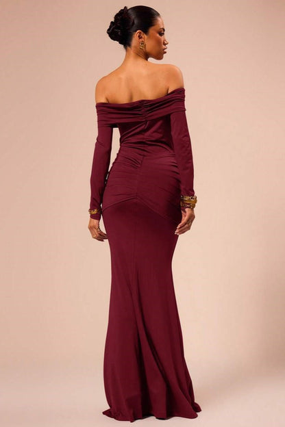 Aditi Pleated Off Shoulder Maxi Dress