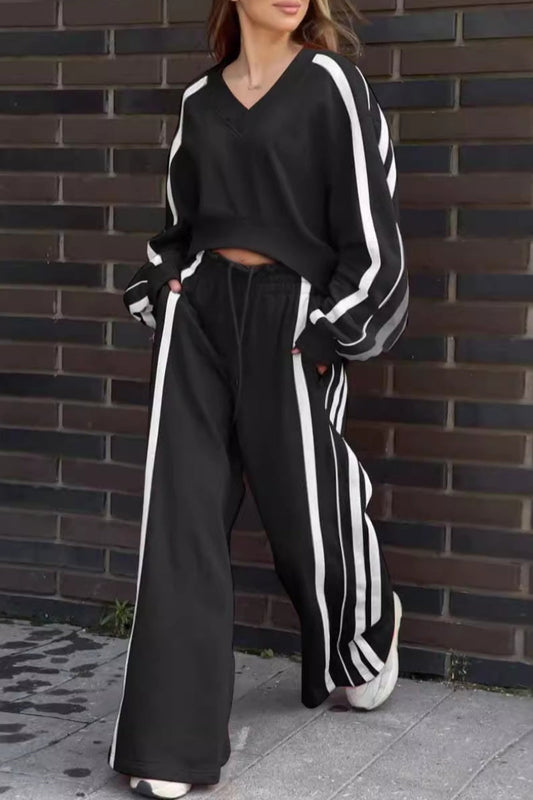 Stripe Patchwork V Neck Long Sleeve Two Pieces