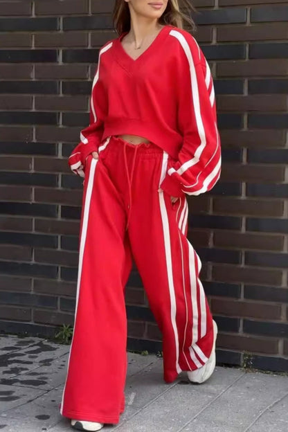 Stripe Patchwork V Neck Long Sleeve Two Pieces