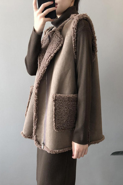 Pocket Patchwork Fluffy O Neck Waistcoats