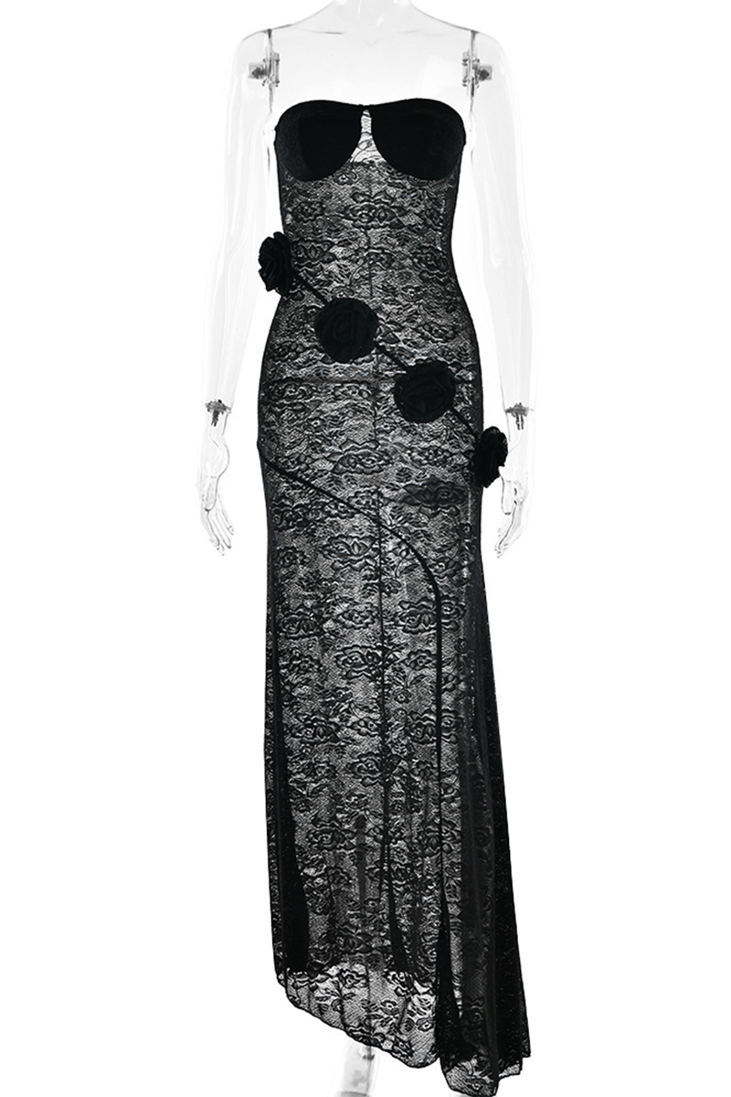 Lace Flower Shape Strapless Long Dresses