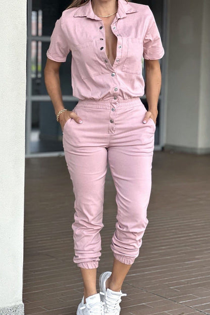 Pocket Buckle Patchwork Turndown Collar Regular Jumpsuits(4 Colors)
