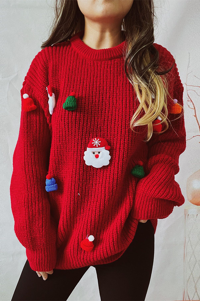 Santa Claus Christmas Tree Patchwork Weave O Neck Sweaters