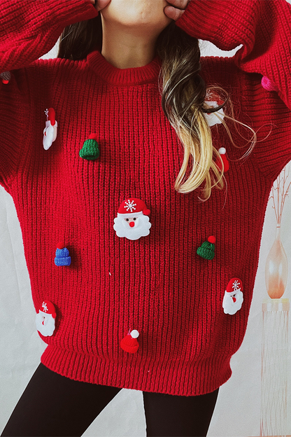Santa Claus Christmas Tree Patchwork Weave O Neck Sweaters
