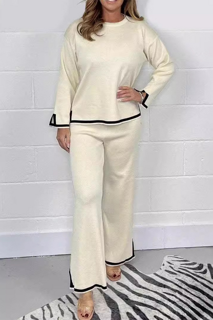 Stripe Patchwork Slit O Neck Long Sleeve Two Pieces