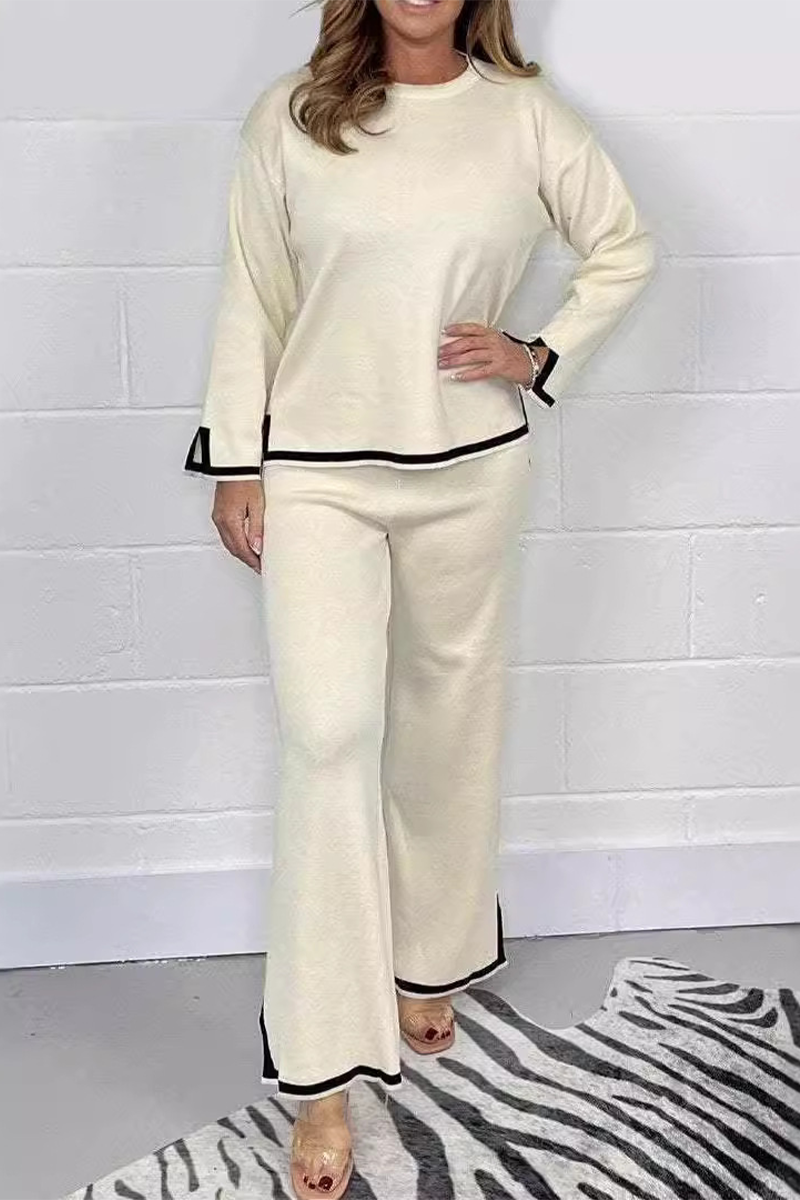 Stripe Patchwork Slit O Neck Long Sleeve Two Pieces