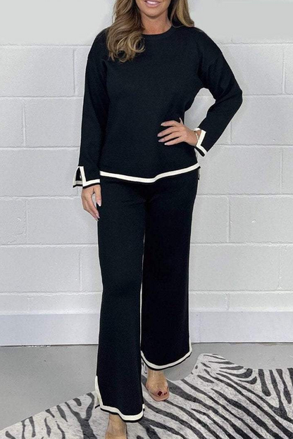 Stripe Patchwork Slit O Neck Long Sleeve Two Pieces