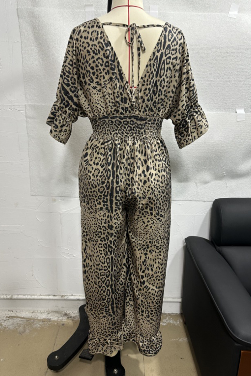 Leopard Contrast V Neck Loose Jumpsuits(4 Colors)