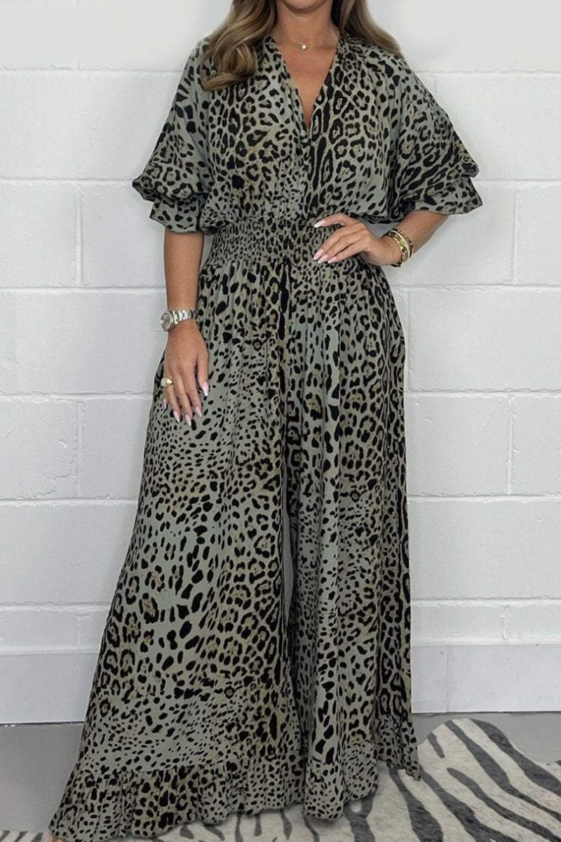 Leopard Contrast V Neck Loose Jumpsuits(4 Colors)