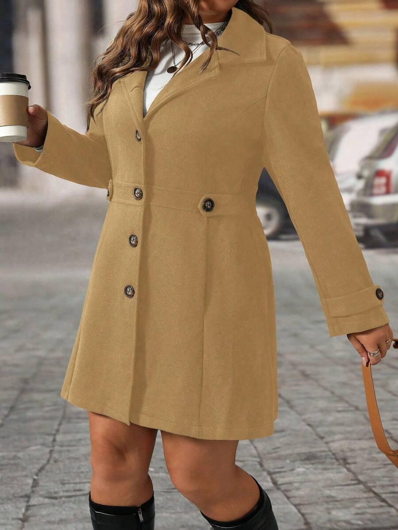 Knit Coat Black Lapel Button Decor Waisted Midi