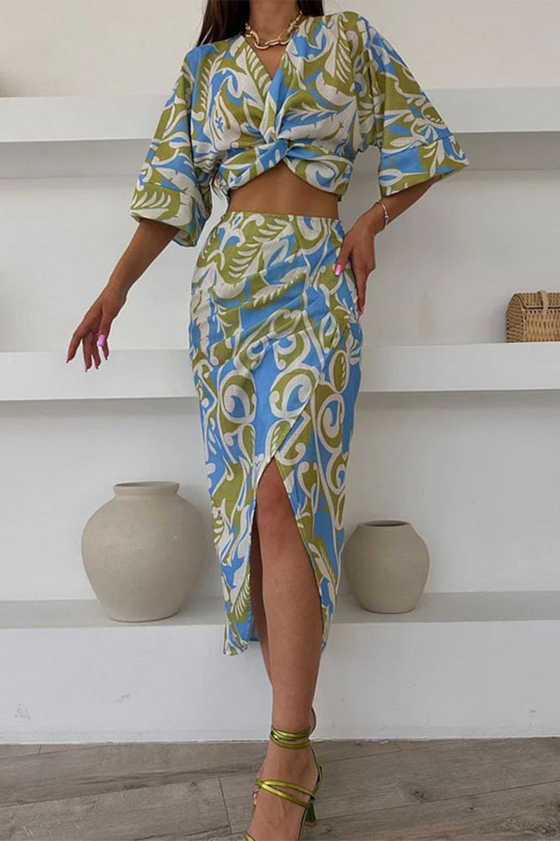 Vacation Print Slit V Neck Half Sleeve Two Pieces