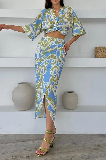 Vacation Print Slit V Neck Half Sleeve Two Pieces
