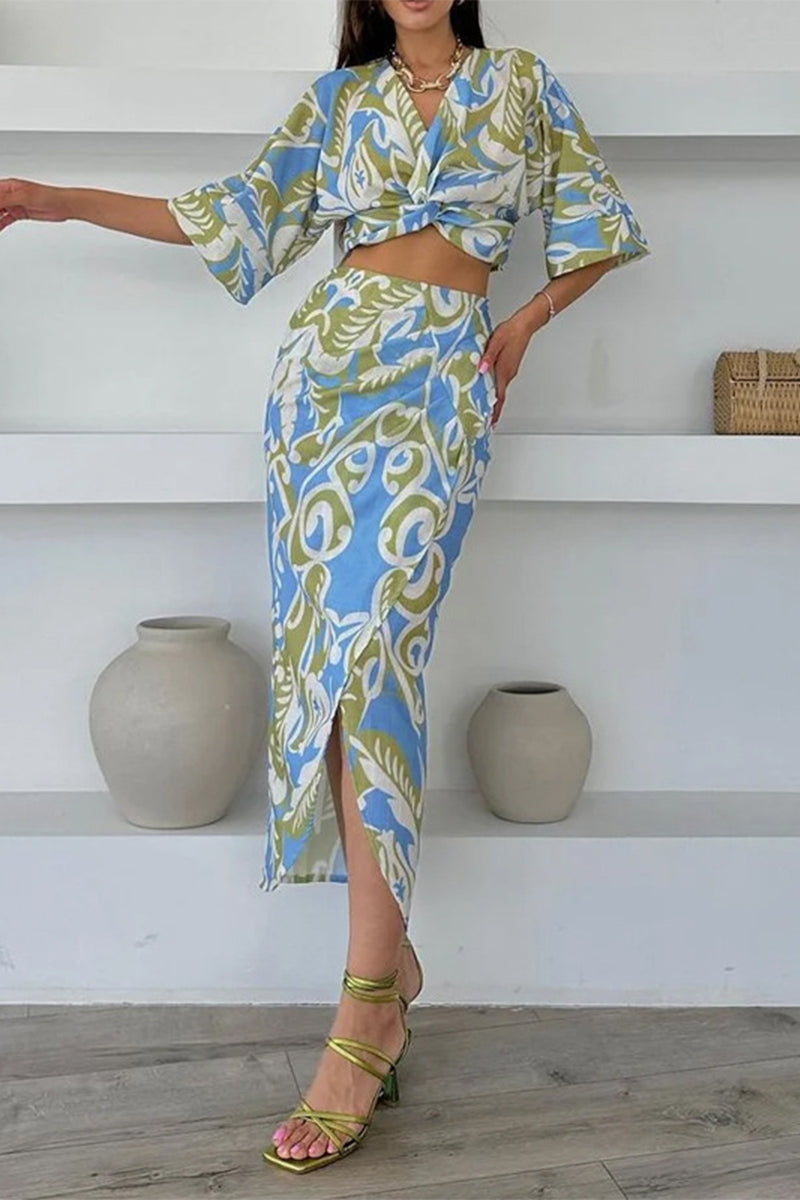 Vacation Print Slit V Neck Half Sleeve Two Pieces