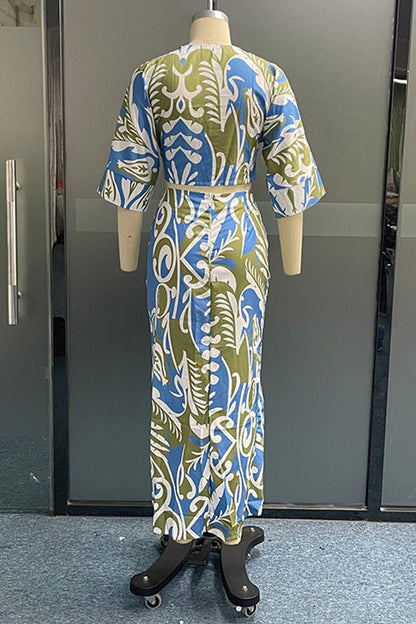 Vacation Print Slit V Neck Half Sleeve Two Pieces